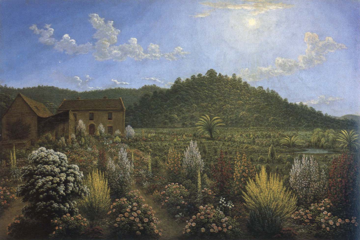 a view of the artist s house and garden in mills plains,van diemen s land